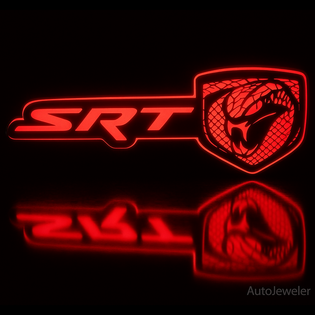 SRT Viper LED badge glowing red with reflective surface under low light
