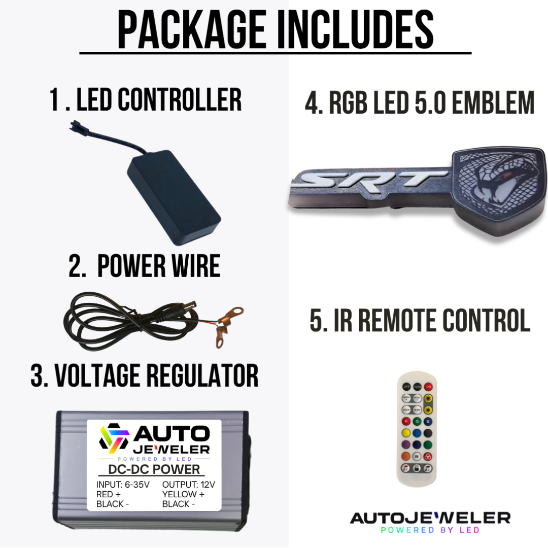 Package contents for SRT Viper LED emblem including controller, harness, voltage regulator and remote