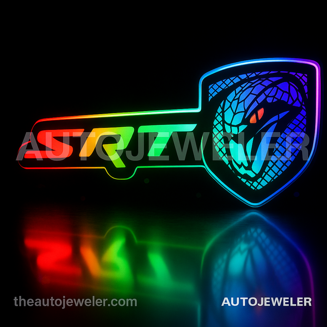 SRT Viper RGB Flow-Series emblem showing rainbow glow and floor reflection