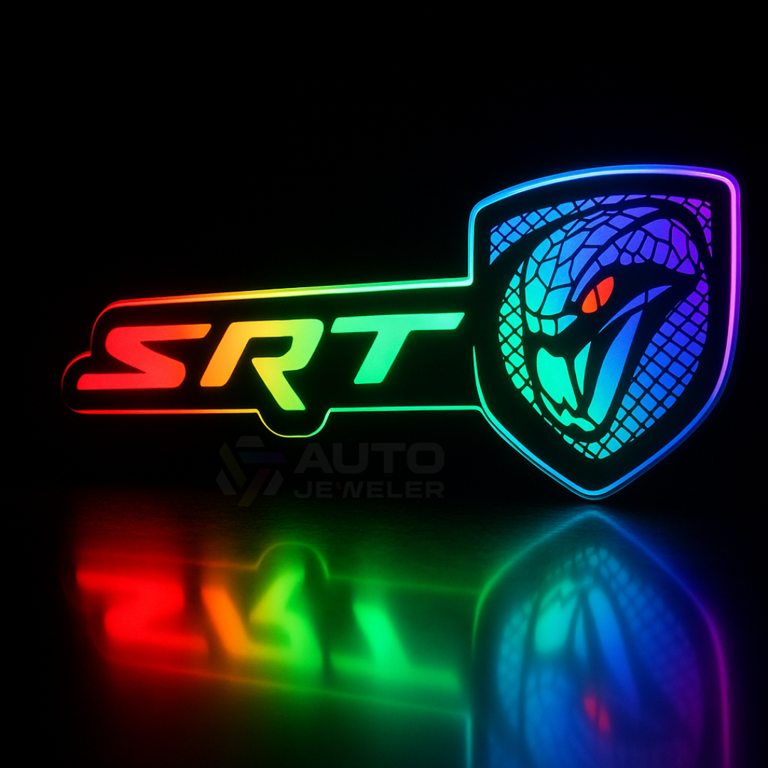 SRT Viper RGB Flow-Series LED grille emblem glowing in multi-color with reflection