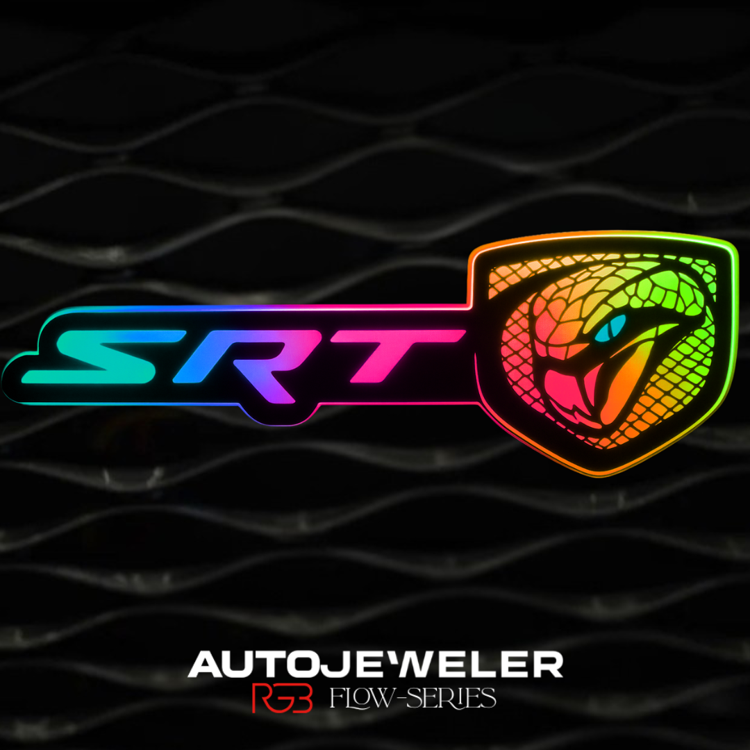 SRT Viper LED emblem displaying full RGB Flow-Series color cycle