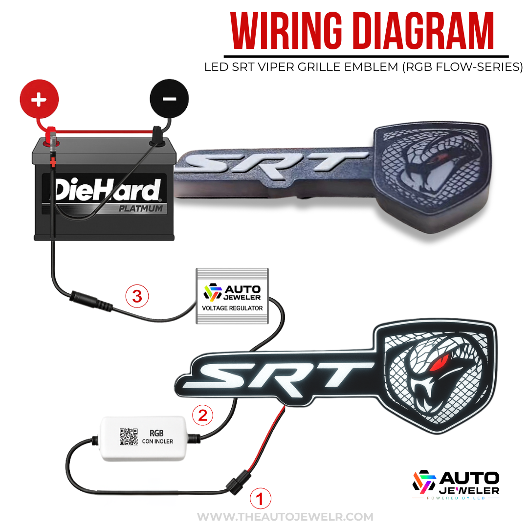 Wiring diagram for SRT Viper LED grille emblem showing battery, regulator, and controller